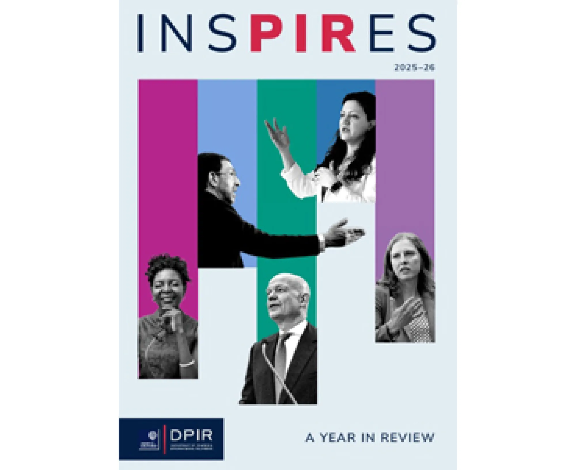 cover image of a magazine featuring four coloured vertical lines featuring images of people