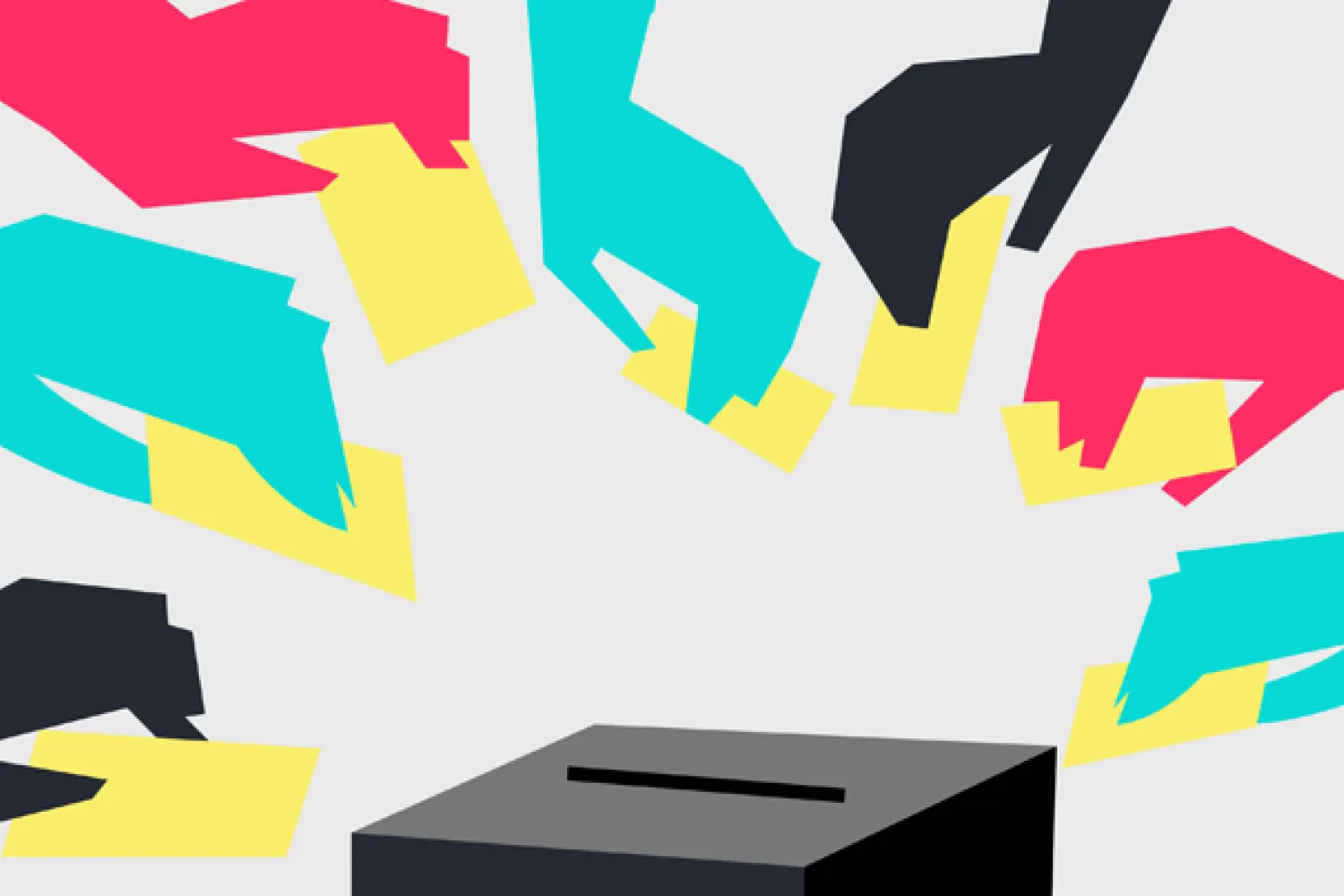 graphic of different coloured hands placing voting slips in a ballot box