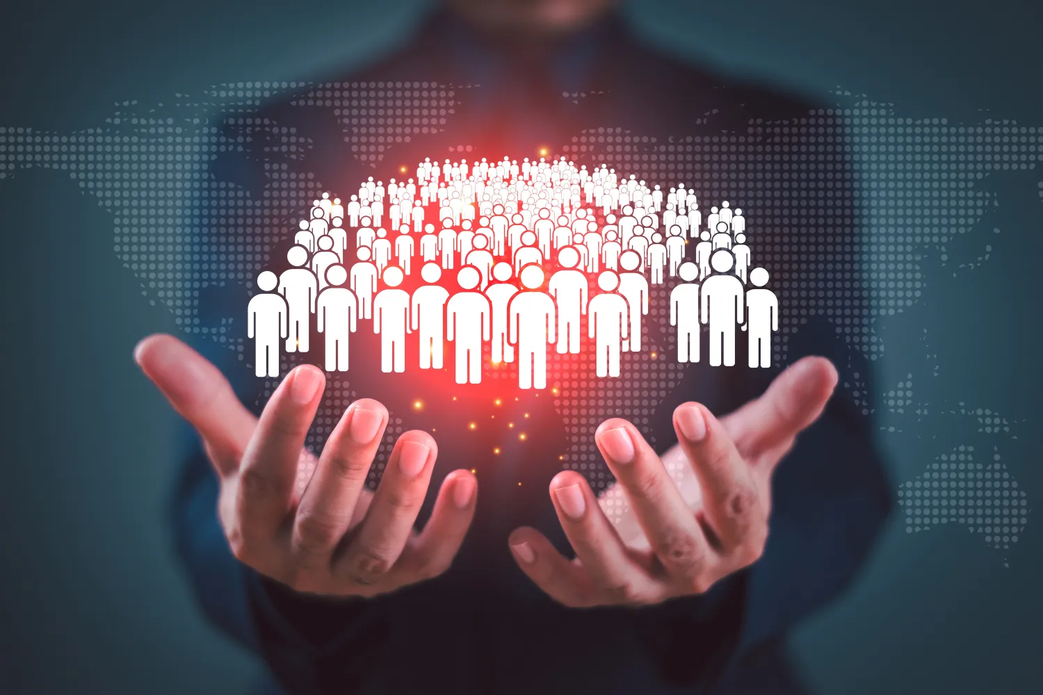 graphic of a pair hands holding a group of icons of people