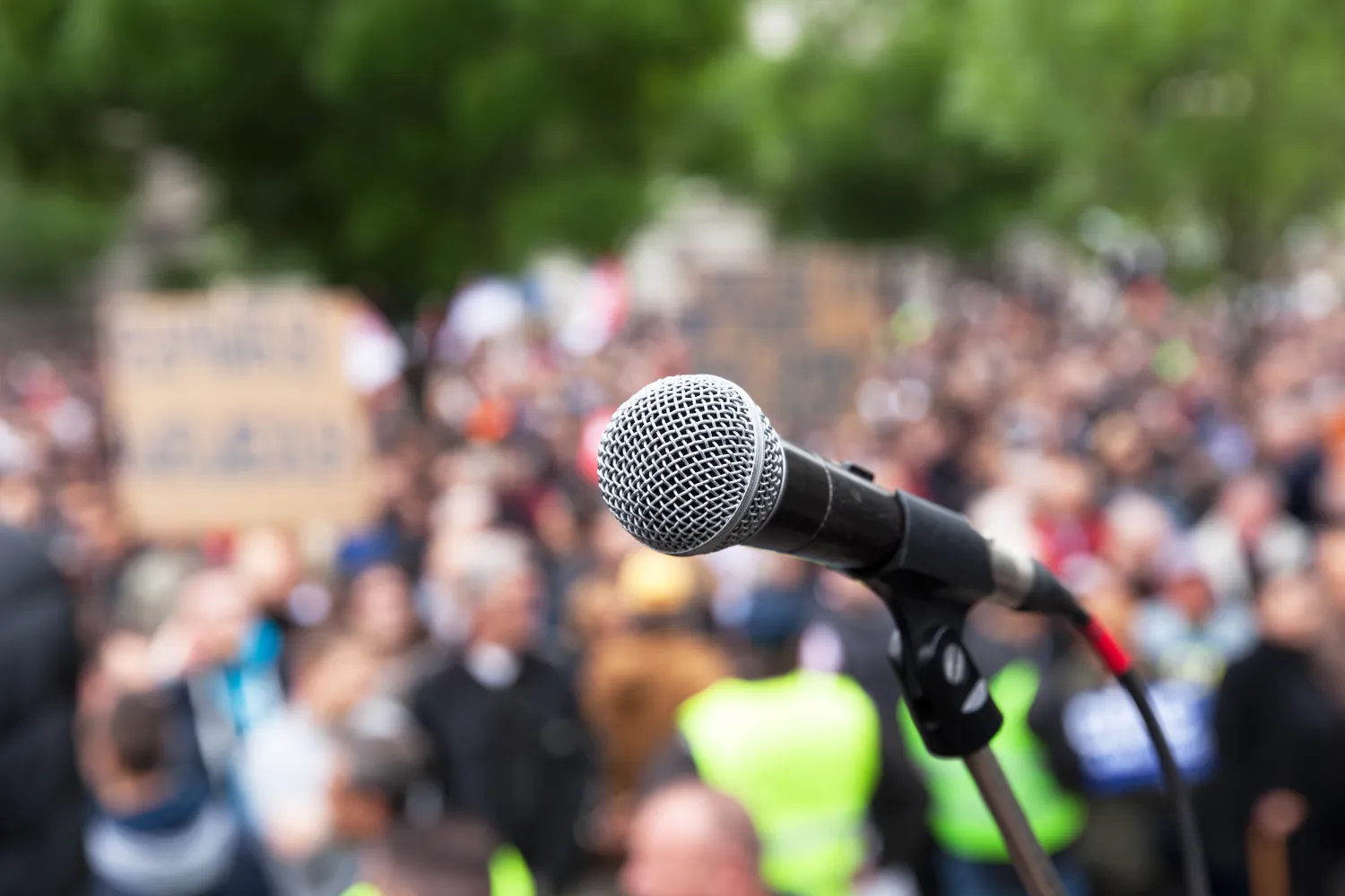 image of a microphone in front of a crowd of people