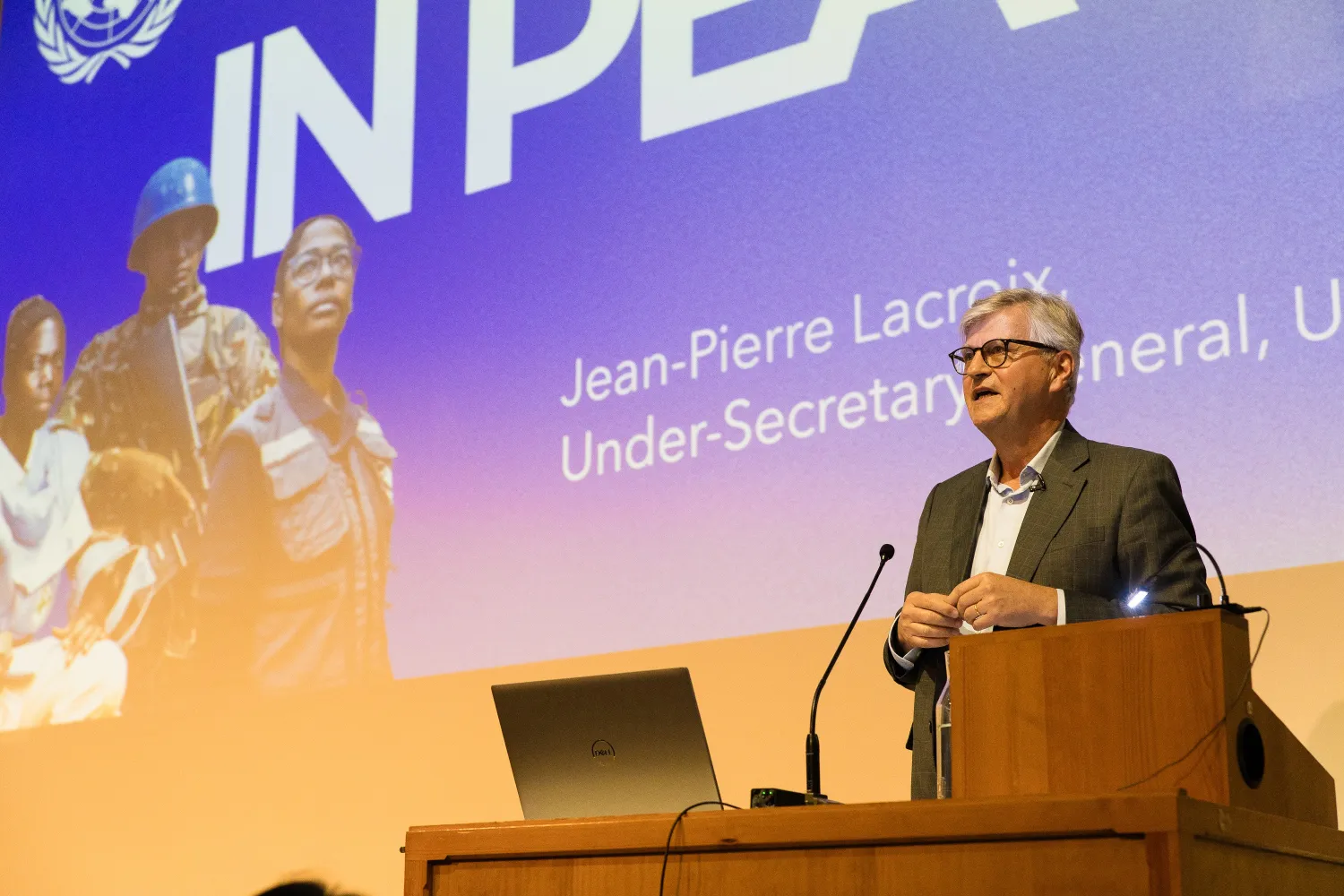 Jean-Pierre Lacroix delivering a lecture