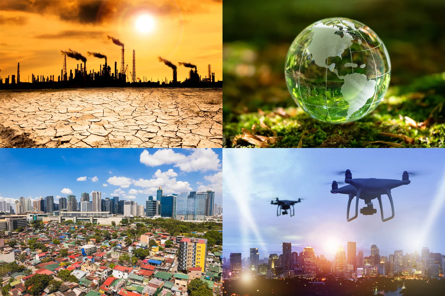 montage of 4 photos - from top left - image of smoking chimneys with a cracked landscape in the foreground; globe image; image of a drone in the sky; overhead view of a city