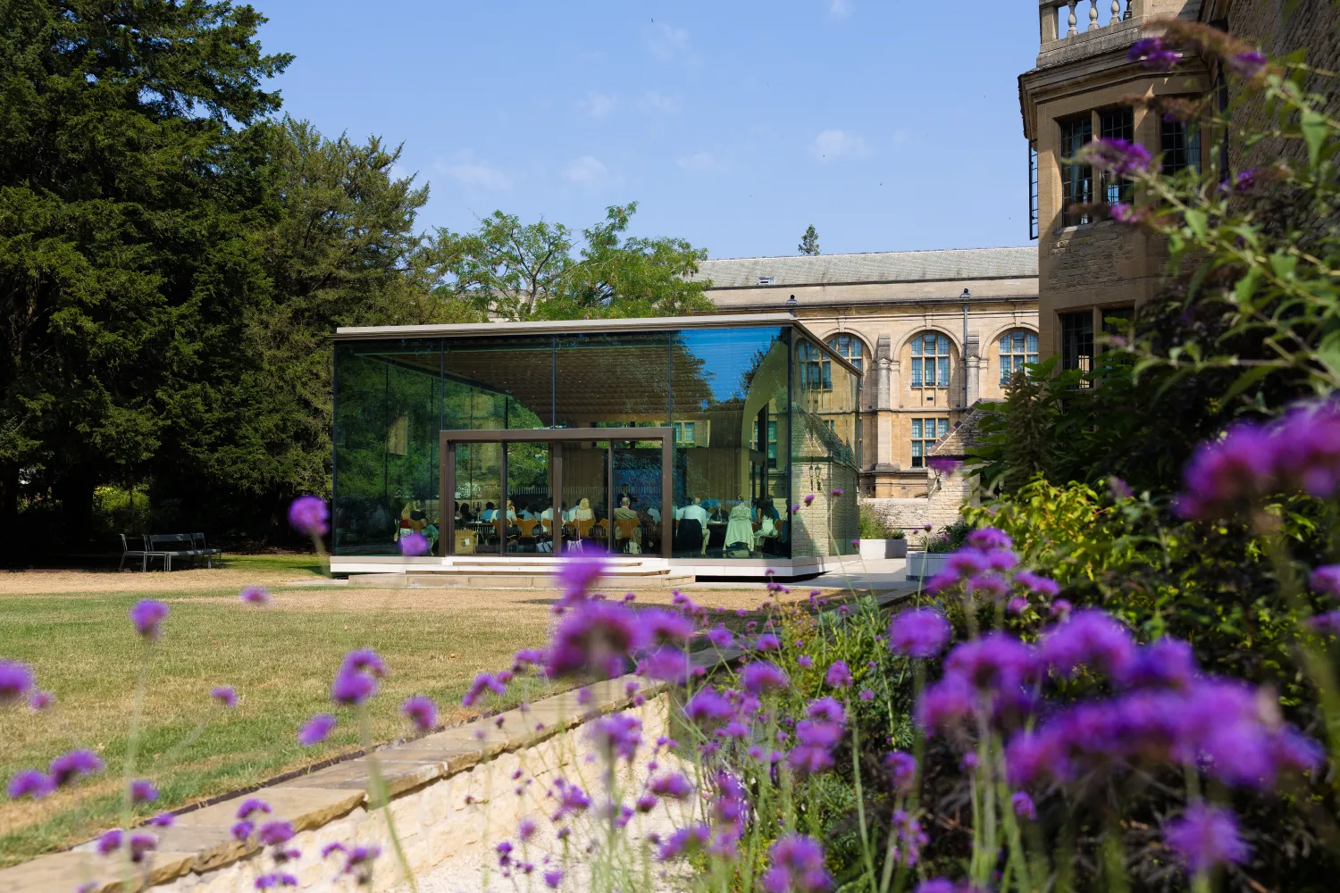 image of purple flowers in the foreground and a lawn in front of a building set against a blue sky