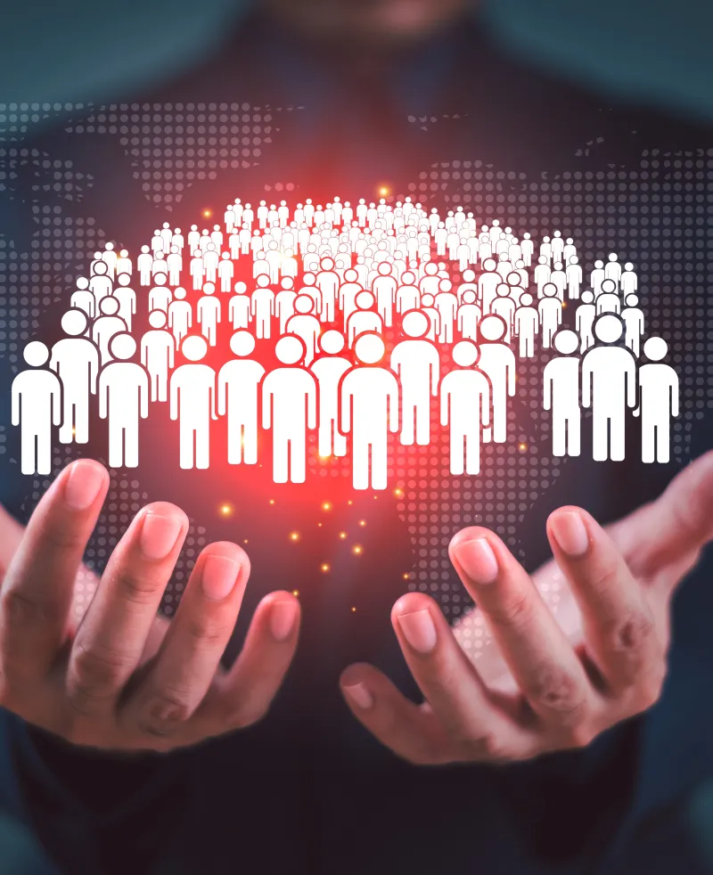 graphic of a pair hands holding a group of icons of people